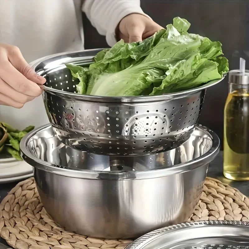 3 in 1 Stainless Steel Vegetable Strainer Slicer Cutter Graters Drain Basket Vegetable Salad Maker Bowl Kitchen Accessories Tool