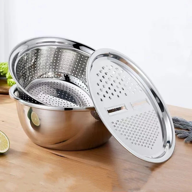 3 in 1 Stainless Steel Vegetable Strainer Slicer Cutter Graters Drain Basket Vegetable Salad Maker Bowl Kitchen Accessories Tool