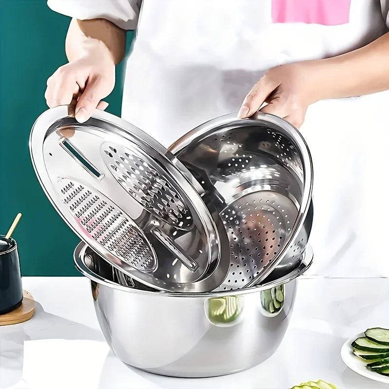 3 in 1 Stainless Steel Vegetable Strainer Slicer Cutter Graters Drain Basket Vegetable Salad Maker Bowl Kitchen Accessories Tool