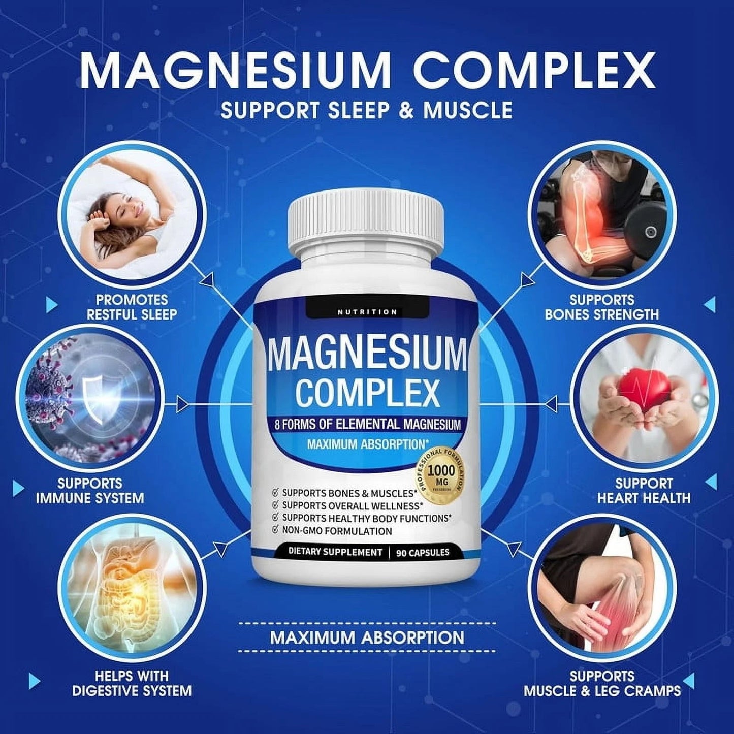 Magnesium Complex -8 Elemental Magnesium,1000Mg Glycinate, Citrate, Malate, Taurate