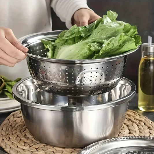 3 in 1 Stainless Steel Vegetable Strainer Slicer Cutter Graters Drain Basket Vegetable Salad Maker Bowl Kitchen Accessories Tool
